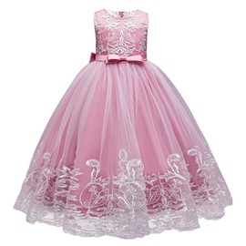 Flower Girl Lace Dress for Kids Wedding Bridesmaid Pageant Party Formal Long Maxi Gown Big Little Princess First Communion Birthday Dance Prom Sequins Bow Puffy Tulle Dresses Dusty Pink 7-8 Years