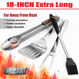 GRILLART BBQ Tools Grill Tools Set -18Inch Grilling Tools BBQ Set - Grill Accessories w/BBQ Tongs, Spatula, Fork, Brush- Stainless Grill Kit Grilling Set - Gift Ideas BBQ Accessories Gifts for Men Dad
