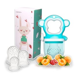 Chupón Para Fruta Y Papilla con Seguro Y Tapa, Dibujo Animado MONKEY, Libre de BPA (Azul)