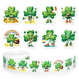 Whaline 1000Pcs St. Patrick's Day Shamrock Stickers Roll Cute Cartoon Green Clover Self-Adhesive Sticker Decals for Scrapbook Journal Decor Irish Holiday, 8 Designs