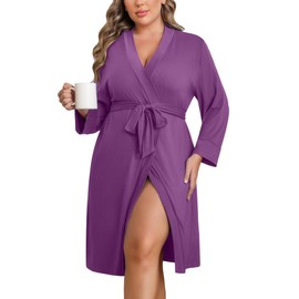 Ekouaer Women Plus Size Robe Knee Length Lightweight Bathrobe Short Kimono Robes with Pockets Maternity Robe Purple 3X