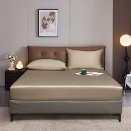 Luofanfei Fitted Sheet 160 x 200 cm, Gold Khaki, for Box Spring Bed, Terry Cloth, Shiny Summer Cooling Bamboo Microfibre Bed Sheet, Plain Fitted Sheets for High Mattress up to 25-30 cm