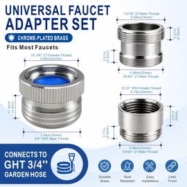 XNTONG Faucet Adapter with Aerator, Sink Faucet to Garden Hose Adapter, Chrome Brass Faucet to Hose Adapter, Fits G1/2" Female, 55/64" Female and 15/16" Male to 3/4" GHT, with Washers and PTFE Tape