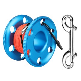 100FT Scuba Diving Reel, Aluminum Alloy Large Scuba Spool Finger Reel with Double-Ended Bolt Snap Clip for Underwater Scuba Diving Snorkeling Spearfishing (Orange Line Blue Reel)