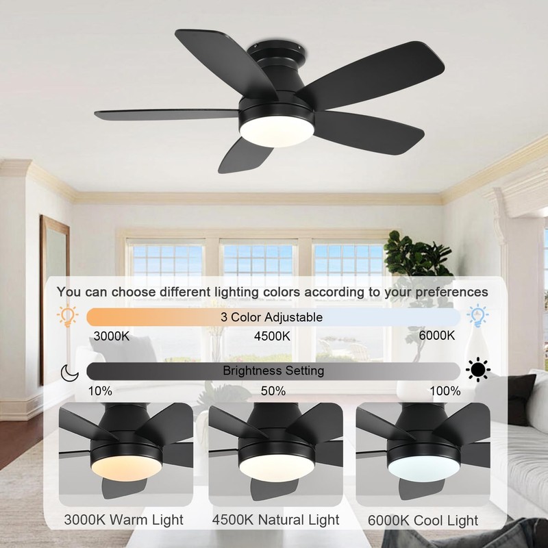 JSAITEE Ceiling Fans with Lights, 42 Inch Low Profile Ceiling
