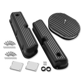 IMOOA Tall Ball Milled Valve Covers for SBF 289 302 351W 5.0L 1962-1985 and 12" Oval Full Finned Air Cleaner Black