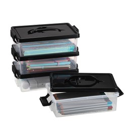 BTSKY NEW UPDRADED Dolphin Pencil Boxes- 4 Pack Extra Large Pencil Box with Bright Color Dolphin Lid&Handle, Stackable Translucent Clear Pencil Box Easy Carry Office Supplies Storage Organizer Black