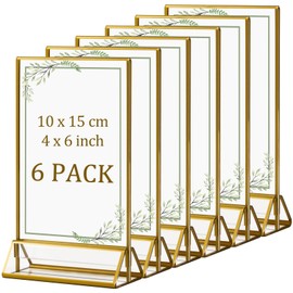 ECOSEAO Gold Picture Frames 10x15 cm 6 Pack, Double Sided Acrylic Sign Holder with Gold Border - Clear Vertical Sign Stand Table Number Menu Holders