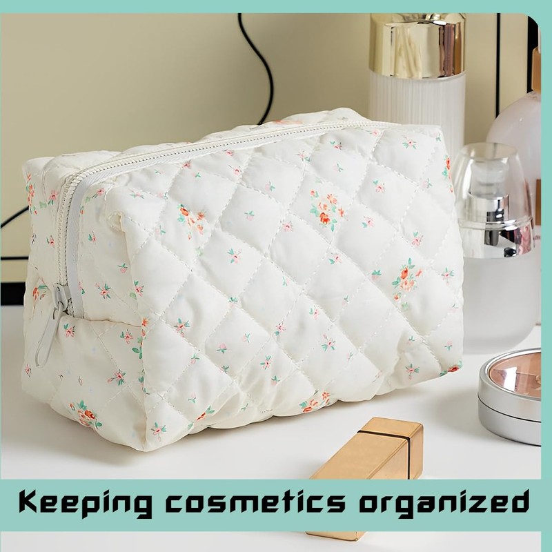 ZEPIQOR Floral Quilted Large Capacity Soft Cotton Cosmetic Bag for