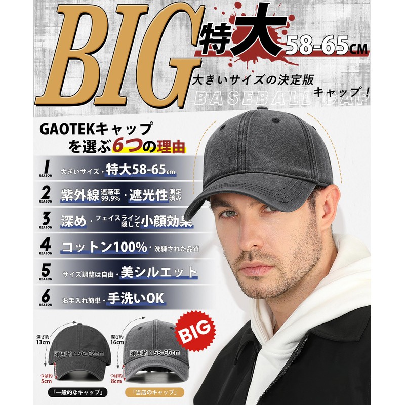 GAOTEK Oversized 58-65cm Cap, Men's Large Size Hat [UPF50+・Shade Measurement・Fully