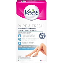 Veet Pure & Fresh, Bandas de Cera Depilatoria, Piernas y Cuerpo, Piel Sensible, 12 piezas