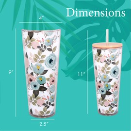 Mary Square SH00059 Peachy Pink Floral Foliage 24 ounce Acrylic Travel Tumbler with Straw For Iced Coffee or Water