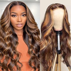 Beliself Ready to Wear Glueless Wig Human Hair Pre Plucked Pre Cut 5x5 HD Lace Closure Wigs Human Hair Body Wave Lace Front Wigs 180% Density 4/27 Ombre Highlight Honey Blonde Wig Human Hair 24 Inch