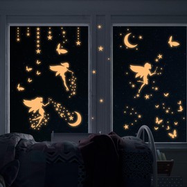 Glow in The Dark Fairy Wall Decals, Luminous Fairies Stars Wall Stickers for Ceiling, Peel and Stick Butterfly Decoration for Kids Room （Pink）