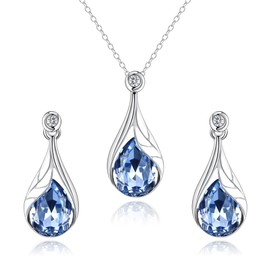 EleQueen Necklace Dangle Earrings Austrian Crystal Leaf Teardrop Jewelry Sets for Women Her Valentine's/Mother Day Christmas Blue Silver-Tone