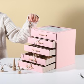Frebeauty Clear Lid Jewelry Box,5-Layer Jewelry Organizer with Drawer,PU Leather Jewelry Organizers and Storage,Jewelry Boxes for Women,Jewelry Storage for Rings Earring Stud,Gift for Women(Pink)