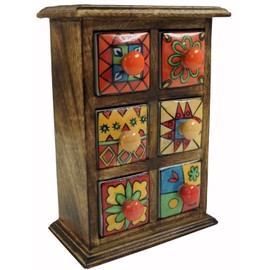 GURU SHOP Apothecary Cabinet with Colourful Ceramic Drawers, Spice Box, 2 x 3 Compartments, Model 1, 25 x 18 x 10 cm