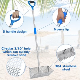 Arejonner Sand Flea Rake Set, 304 Stainless Steel, Detachable 60 Inches Long Handle, 16'' Basket with Sharp Teeth. Includes D-Handle Grip, Small Shovels, Sifter and Bucket