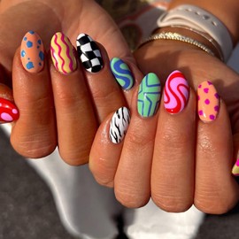 Dopamine Colorful Press on Nails Short CEWEWP Almond Fake Nails with Checkered Striped Design Cute Geometric Irregularity Acrylic Stick on Nails Summer Glossy Full Cover Glue on Nails for Women 24Pcs