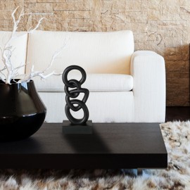 WHW Whole House Worlds Abstract Linked & Stacked Loops Art Sculpture, Black, Matte Finish, Free Standing, Mounted, Rectangular Gallery Base, Hand Cast Resin, 15,75 Inches Tall