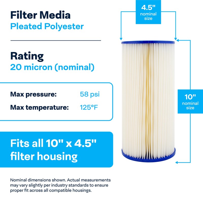 SpiroPure SP-S1-BB 10x4.5 20 Micron Pleated Polyester Sediment Water Filter