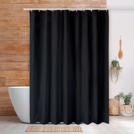 qtlines Black Shower Curtains for Bathroom, 180 x 180 cm, Machine Washable Waterproof Mould Resistant Polyester Fabric Curtains, Weighted Hem, Rustproof Aluminum Grommets, & 12 Plastic Durable Hooks