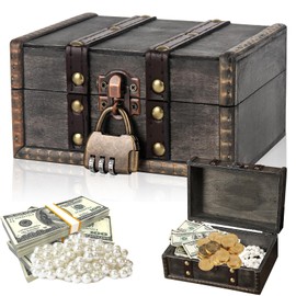 Forbabe Wooden Treasure Chest, Vintage Treasure Chest with Combination Lock, Small Pirate Treasure Chest, Wooden Storage, Treasure Box, Jewellery Box with Lid for Storage and Decorating (15 x 12 x 8