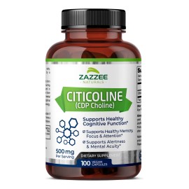 Zazzee Naturals® Citicoline Cdp Choline 500mg 100 Cápsulas | Suplemento Dietético Mejora La Memoria, Concentración, Salud Cerebral, Enfoque Y Energía Mental.
