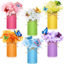 Mimorou 6 Set Retro Spring Flowers Table Centerpiece with Metal Pots Colorful Artificial Flowers Centerpieces Decor with 3D Butterfly for Easter Farmhouse Wedding Spring Decoration(Colorful Pot)