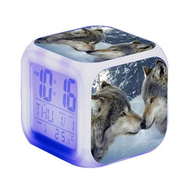 Nicole Knupfer Wolf Wecker Kinder Wecker LED Night Nachttischwecker Quadrat Beleuchteter LCD Uhr Wake Up Wecker Geschenk Muster Wolf (#14)