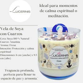 Lucernis Vela Aromática de Soya con Cuarzos de Amatista y Ojo Turco – Protección y Calma Espiritual – Aroma a Fresa