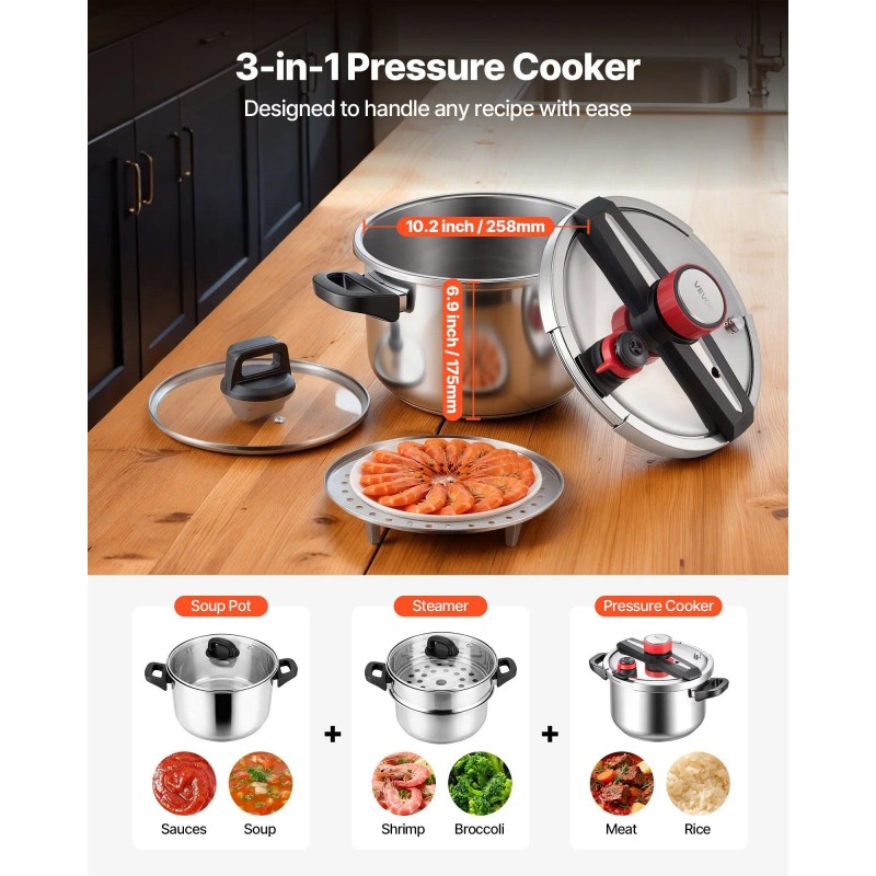 10Qt Stainless Steel Pressure Cooker with Tempered Glass Lid and