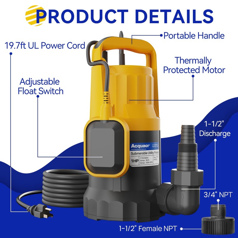 Acquaer 1HP Utility Pump 4345GPH Submersible Sump Pump with Automatic