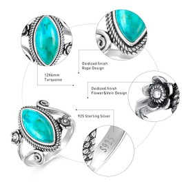 AVECON Turquoise Rings for Women 925 Sterling Silver Flower Ring Boho Vintage Turquoise Rings with 15 * 7mm Marquise Cut Gemstone Stackable Statement Rings for Women Birthday Jewelry Gift Size 7