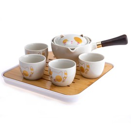 lachineuse - Set da tè giapponese a forma di gatto kawaii - con teiera, 4 tazze di porcellana, vassoio, borsa per il trasporto - Idea regalo a forma di gatto giapponese - Stoviglie asiatiche