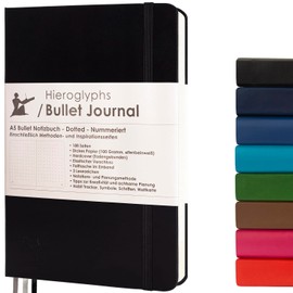 Hieroglyphs Dotted Bullet Journal / Hardcover Notebook, A5 with German Language Instructions, Numbered Pages, Folding Pocket, 3 Bookmarks, Elastic Closure