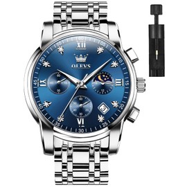 OLEVS Blue Watch for Men,Moon Phase Multi-Function Watch,Silver Tone Two Strap Men Watches, Water Resistant Luminous Quartz Wrist Watch,Business Classic Round Watch for Male