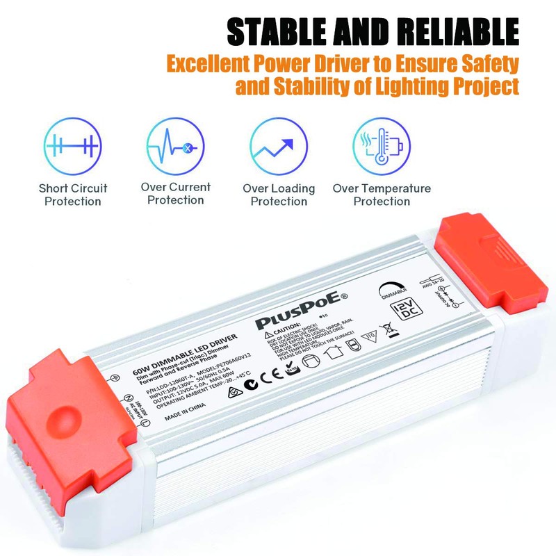 PLUSPOE 60W Dimmable LED Driver 12V, Triac/ELV/MLV AC to DC