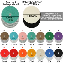 100 mm Diamond Polishing Pads, 16 Pack Wet/Dry Polishing Pads with M14 Backer Pad for Drill, Grinder, Polisher, 30-8000 Grit Pads for Granite, Marble, Concrete, Quartz