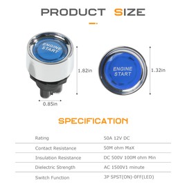 SCUARI Car Start Button,Car Accessories Engine Start Ignition Switch,12 Volt 50 Amp Blue LED Push to Start Button,Push Start Ignition Switch,Suitable for Marine Vehicle Racing Car Truck RV (Blue)