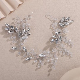 Teyglen Silver Crystal Bride Flower Wedding Hair Vine Handmade Crystal Rhinestone Headband Bridal Hair Piece for Women Party Prom Headpiece Sparkly Rhinestone Hair Accessories (Silver)