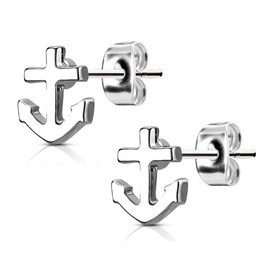 Bungsa Anchor Stud Earrings Silver – 1 Pair Stainless Steel (Earrings Anchor Marine Sailing Ear Cuffs Women Men Fashion Studs Earrings), Stainless Steel, No Gemstone