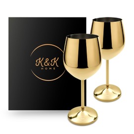 K&K Home Gold Stainless Steel Unbreakable Wine Glasses - 18 oz - Set of 2 Colored, Stemmed Metal Wine Glasses Perfect for Outdoors, Weddings, and Parties (Gold, Set of 2)