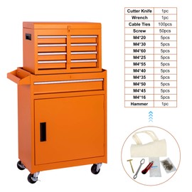 Osparple Rolling Tool Chest 5 Drawers Tool Box Organizer 2 in 1 Steel Frame Garage Storage Cabinet with 154pcs Tools, Lockable Wheels, Detachable Top and Adjustable Shelf for Workshop, Orange