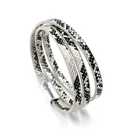 COLORFUL BLING Mottled Leopard Wide Cuff Bracelets Multi-Layer Buckle Snakeskin PU Leather Wrap Cuff Bracelets for Women Punk Cool Jewelry-simple white