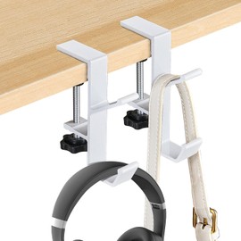 YUANQIAN Clamp-On Under Desk Headphone Holder Backpack Hook Students' Desk Hook with Adjustable Arm Clamp Women's Bag Handbag and Purse Holder -Suitable for Plate Between 1-5cm (2Pack White, 2)