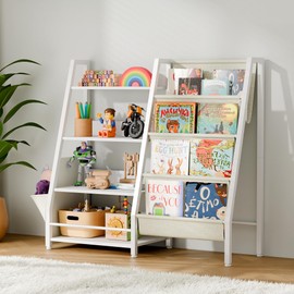 infurnic 4 Tier Kids Bookshelf with Extra Pocket, Toddler Bookshelf and Toy Storage Organizer for Kids, Kids Bookcase Nursery Book Shelf for Kids Room, Bedroom, Playroom and Nursery, White
