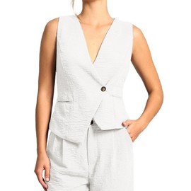 Amazhiyu Women's Suit Vest, Linen Vest, Short Sleeveless Vest, V-Neck Linen Women's Vest, Vintage Summer Vest, Button Placket, Regular Fit, White, XL