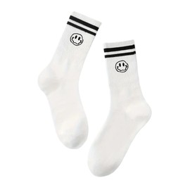 Tindo White Socks with Smilie Motif, Funny Crazy Socks for Men and Women, Gift Socks, Unisex, One Size, 36-43, Crew Socks, 1 Pair, Smilie Black