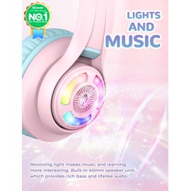 iClever Cat Ear Kids Bluetooth Headphones, LED Lights Up, 74/85dBA Safe Volume Limited, 50H Playtime,Bluetooth 5.2, USB C, Kids Headphones Wireless for Travel iPad Tablet, Meow Macaron Pink